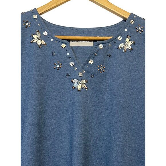 Alfred Dunner Women Blue Embellished Sequin Neckline 3/4 Sleeve Top L  Popover - Picture 2 of 14